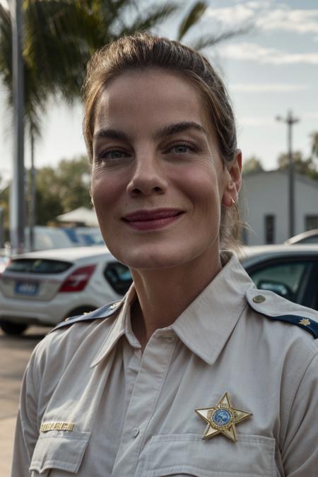 portrait photograph, upper body, smirk, a female sheriff in a uniform at a sheriff station, soft lighting, (high detailed skin:1.1)
 <lora:0more_details:1> <lora:michelle_monaghan_lora_v01:1> michmon