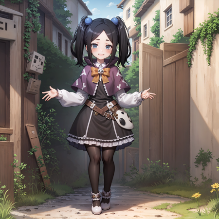 photographic,(medieval village) (street level) hd wallpaper,outdoors, (White crystal staff:0.1),
village street,1girl,dannar toxico, woman,cute,happy,eye_focus,(sexy:0.2),black hair, blue eyes, blush, hair bobbles ornaments,(walking:0.3), (dancing:0.3),(jumping:0.3),full body,<lora:Dannar-Toxico_16892:0.75>