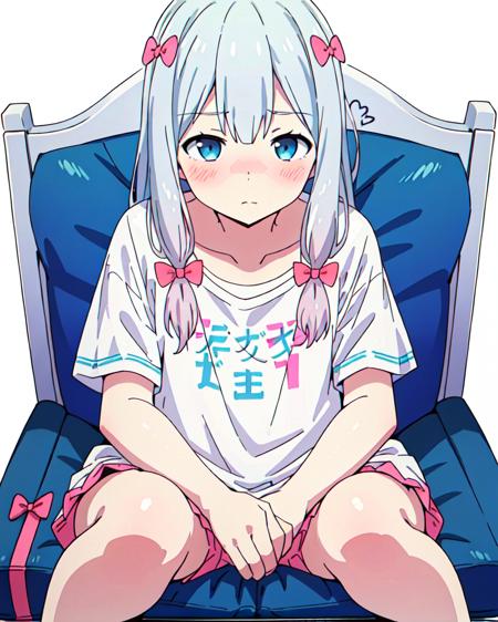 detailed,masterpiece,ultra-detailed,solo,(1boy),(white background:1.3),izumi_sagiri,bow, pink_bow, long_hair,silver hair, t-shirt, hair_bow, blush, collarbone,closed mouth,sitting, full_body,