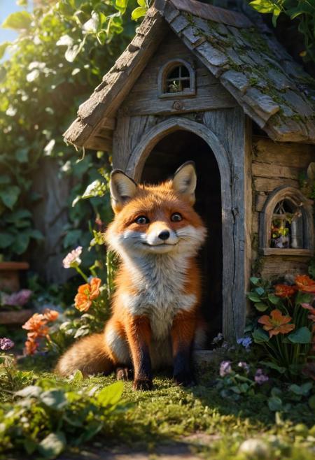 amazing quality, masterpiece, best quality, hyper detailed, ultra detailed, UHD, perfect anatomy, dof, portrait,  awesome, inspiring,  Expressiveh, realistic, high quality, 4K, absurd resolution, incredibly detailed, masterpiece, sharp, cute fox house garden, cute, happy, extremely detailed, no humans, extremely detailed scales, sunlight, realistic, high quality, detailed, shadows, glowing, bright colors, high contrast, vivd lighting, cinematic composition, soft shadows, national geographic style,