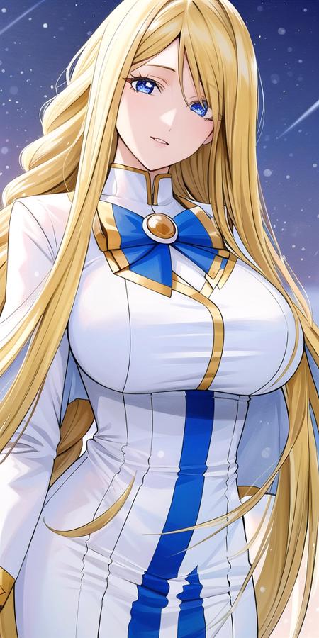 <lora:florence_aliciaV1:0.7> florence_alicia, huge_breasts, standing, solo, Winter_aria_company_uniform_White_long_dress_White_capelet_Blue_bowtie_Long_sleeves_high_collar_Side_slit,, masterpiece, best quality, detailed face, detailed eyes, highres,