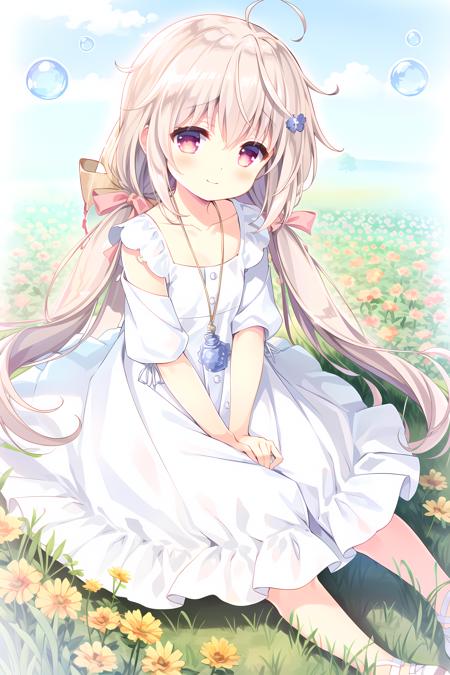 1girl white dress pink bow necklace jewelry straw hat