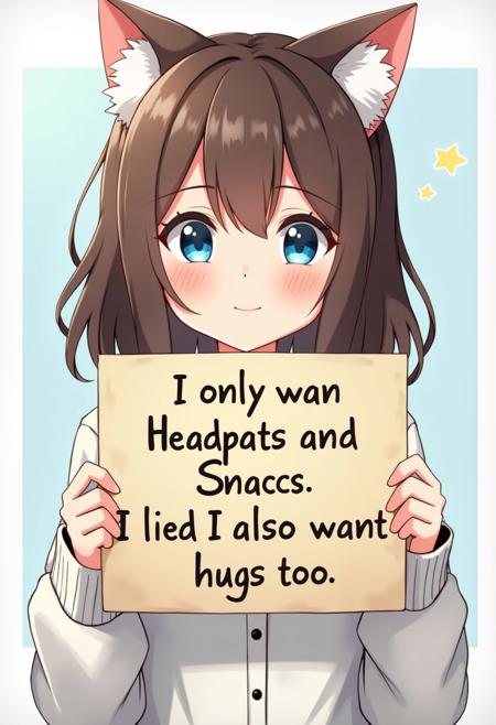 an brown haired blue eyed anime girl with cat ears holding a sign with text "I only wan Headpats and Snaccs I lied I also want hugs too"