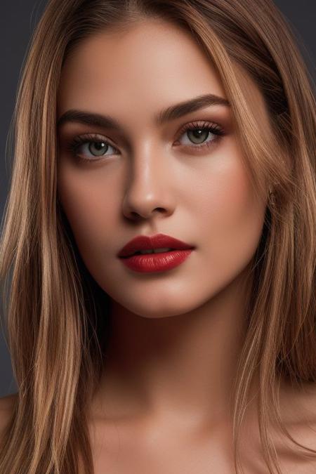 Beauty Photography: Focuses on well-lit, flawless skin and often used in beauty and cosmetics advertisements.<"shooting under very dark condition":1.8> with high iso, film, high key , front view , wearing red silk, simple grey background
