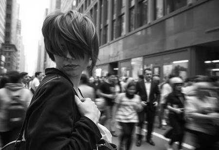 A cinematic black-and-white photograph capturing a tense moment on a busy urban street. In the extreme foreground, a young woman with short hair is shown in mid-motion, her upper body facing forward as she twists her head back slightly — not toward the camera, but off to the side — as if someone has softly called her name. Only the side of her face is partially visible, blurred due to motion, and strands of hair fall loosely across it. Her expression is tense and alert, and she clutches her bag near her chest. The woman is out of focus and blurred, conveying movement and uncertainty. In the background, standing still in the midst of a motion-blurred crowd, is a sharply focused man in a dark suit — isolated, quiet, and intense. The image uses long exposure, shallow depth of field, and high-contrast black-and-white tones to create an emotional, atmospheric composition filled with suspense and unspoken tension.