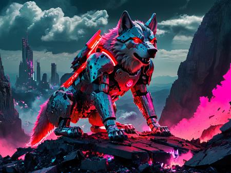 a large cyber wolf covered in neon inset armor standing atop a cliff amidst the debris of reality. Fragments of worlds float around him, like broken digital pieces. His eyes glow red, and his mechanical paws emit a light smoke, as if after a battle. Behind him, the sky is torn apart, where you can see digital codes that seem to go beyond the limits of space  <lora:MidjourneyV6.1:1>
