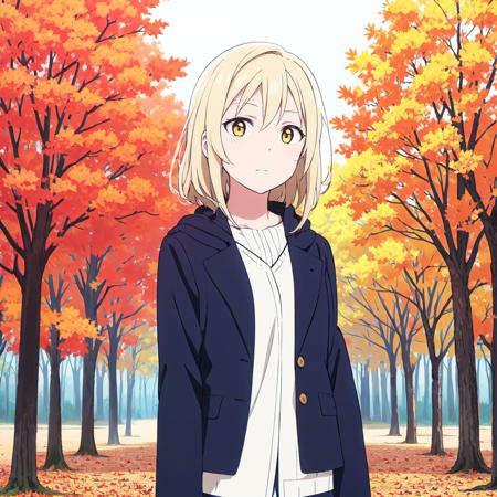 (masterpiece, best quality:1.2), 1girl, solo, scenery, illustration, anime style, looking at viewer, depth of filed, cowboy shot,
detailed image, yellow eyes, autumn, autumn leaves, trees, falling leaves, blonde hair,