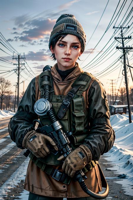 (masterpiece, best quality)
AnnaMetroExodus, 1girl, solo, looking at viewer, short hair, blue eyes, black hair, gloves, long sleeves, hat, closed mouth, jacket, weapon, outdoors, sky, black gloves, belt, bag, uniform, tree, gun, military, military uniform, building, scenery, snow, realistic, beanie, military vehicle, winter, power lines, bare tree, utility pole, soldier, grey sky, barbed wire, soviet
<lora:epi_noiseoffset2:1>,  <lora:add_detail:0.7>,  <lora:AnnaMetroExodus:0.8>