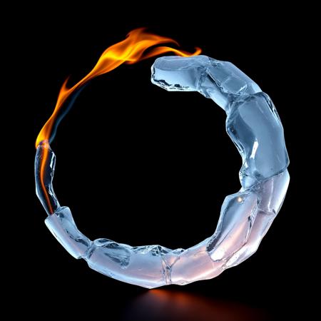 a cirlce in 3d black space. fire emenates from it's outer edge. translucent ice grows inward from it's inner edge