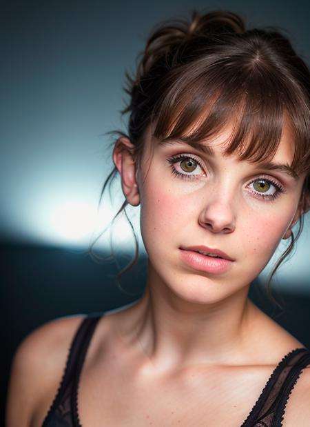 portrait of skswoman, tired , wearing intimates , with Side-swept bangs , background war epic (photo, studio lighting, hard light, sony a7, 50 mm, matte skin, pores, colors, hyperdetailed, hyperrealistic), <lyco:Millie Bobby Brown:1.1>