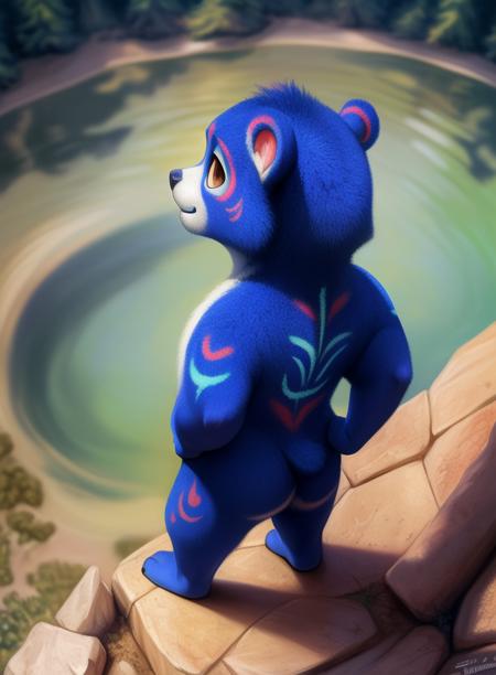 KodSpiRan, bear, dark blue fur, chibi, brown eyes, patterns on the body,