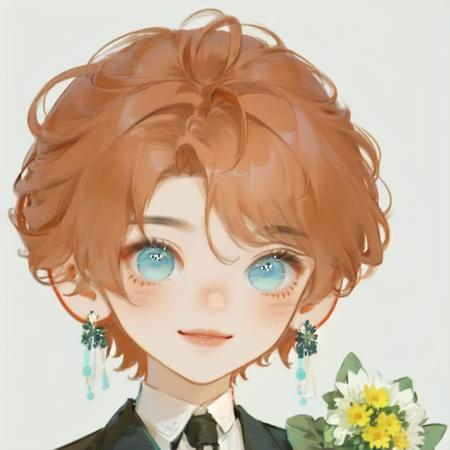 WW_Q, chibi,1boy, aqua eyes, bangs, blue eyes, blush, bouquet, buttons, daisy, earrings, floral background, flower, holding, holding bouquet, holding flower, jewelry, lily \(flower\), looking at viewer, male focus, neck tattoo, orange hair, shirt, simple background, sketch, smile, solo, upper body, white background, white flower, yellow flower, short hair, red hair