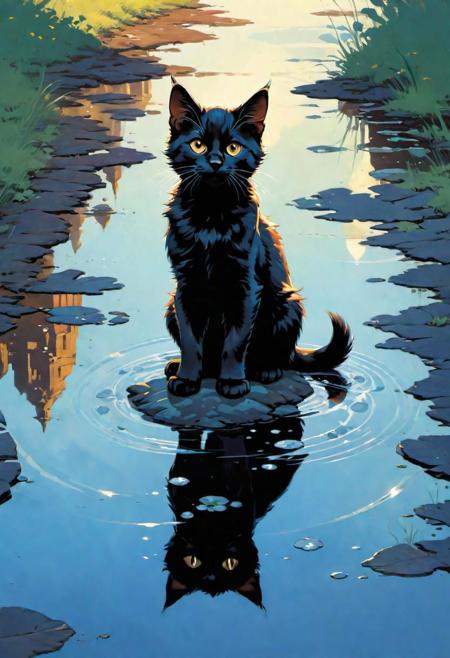 Close-up portrait, stylized works by Greg Rutkowski, Frank Frazetta, Kitten sees its reflection in a puddle, Illustration masterpiece silhouette beautiful, delicate, crystallized, artists style illustrations like WLOP at Studio Ghibli Genshin.