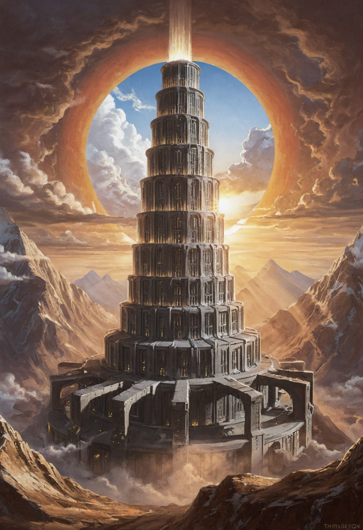 urithiru, tower city, sun, see of clouds, circle platforms, light emanating from windows, day, mountain, <lora:Urithiru:0.6>