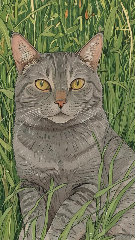 (illustration:1.3), portrait of grey cat, sitting in large grass, <lora:Exquisite_illustration:1>
