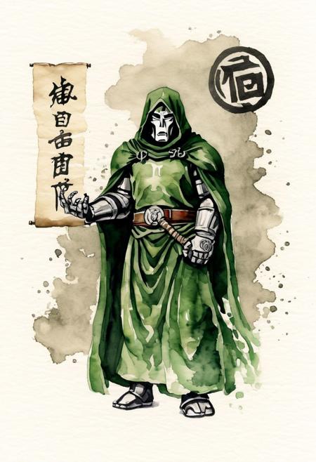 dr doom, sumi-e, scroll,  ideogram