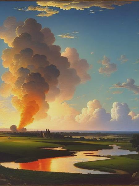 <lyco:JosephWrightOfDerby:1.0> Thomas Hart Bentonon evening landscape with rocket blasting off in background