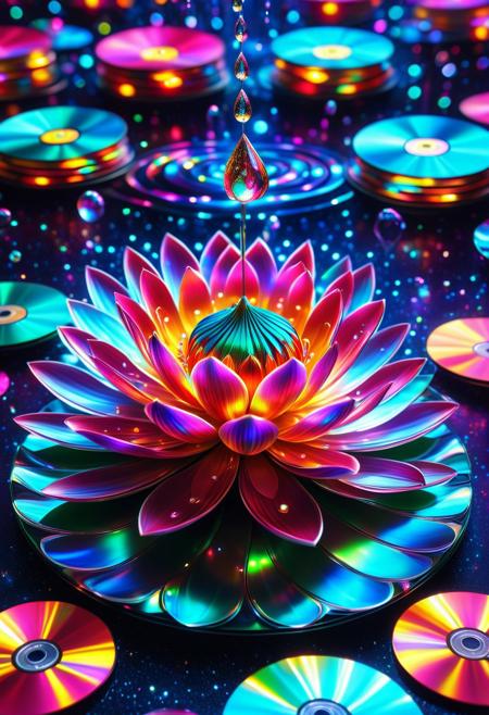 CD Repeat, Masterpiece, best quality, amazing quality, absurd, latest, volumetric lighting, UHD, SFW, vibrant colors, neon, vivid colors, sparkling magical fantasy lotus dewdrop made of cd's, with swirling markings, , exquisite detail, digital art, realistic, highly detail, beautiful, surreal, dramatic, galaxy fantasy colors, No_Humans,