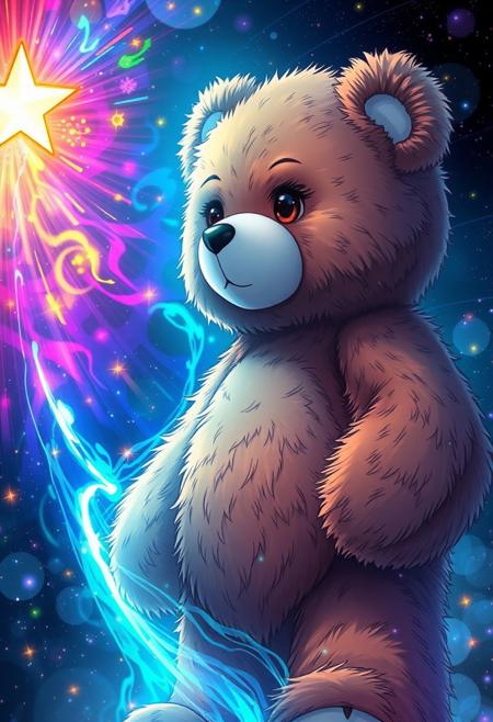 A striking, anime-style teddy bear stands tall, his piercing gaze intensified The left side of the image is ablaze with a radiant, five-pointed starlight, as if the very essence of the cosmos has been distilled into his being. A colorful show of magic ignites, bursting into a kaleidoscope of colors that swirl and dance in a mesmerizing display. The stars seem to pulse with an extraordinary power, as if he is drawing energy from the very fabric of the universe. Every detail of the scene is meticulously rendered, from the intricate, swirling patterns of the magic to the tiny, shimmering sparks that seem to dance around his being. The overall effect is one of breathtaking, celestial wonder, as if this anime male has harnessed the very essence of the stars within his being. highest-Quality, intricate details, visually stunning, Masterpiece