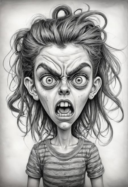 (Pencil Drawing:1.4) of exaggerated angry teen girl caricature, style of Alexander Jansson