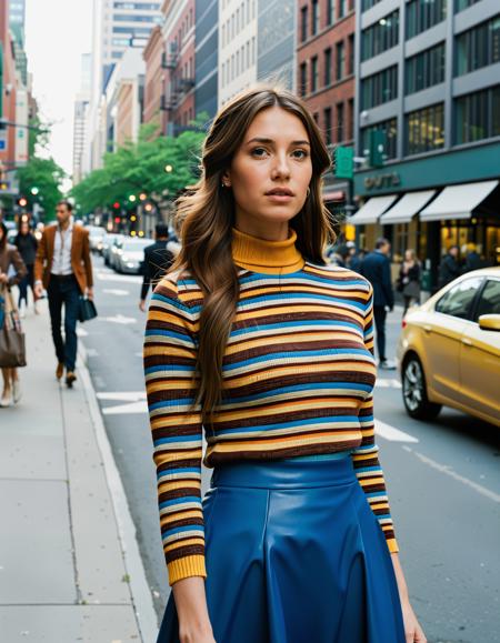 A photo-realistic shoot from a front camera angle about a young woman standing in a city street, wearing a colorful patterned sweater and a blue skirt. the image also shows a woman in the middle of the image, who appears to be a 20-year-old woman with light skin, realistic eyes, and long brown hair. she is facing the viewer and looking directly at them with a neutral expression. her hair is styled in a long hair with a blue and white striped hairband, and she is wearing large hoop earrings and a brown leather crossbody bag over her shoulder. the woman is wearing a blue turtleneck sweater with a colorful, patterned pattern and a high-waisted blue skirt that falls just above her knees. the background shows a busy city street with parked cars and buildings, and a few pedestrians can be seen in the distance. the lighting is bright and natural, casting soft shadows.
