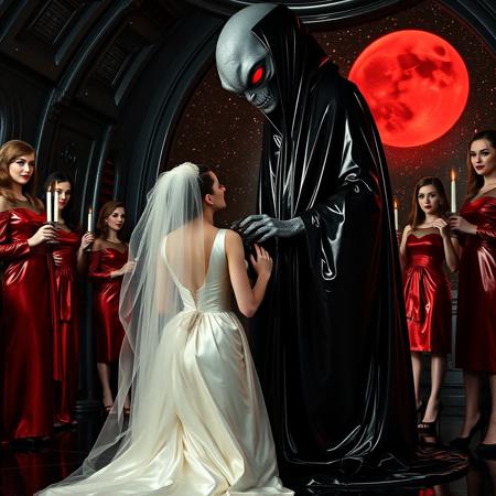high-society elegant slender norvegian rich innocent young bride kneeling at whorish red glossy foil pillow from behind. She is ensnared by a towering, gray human-like alien, draped in a long, glossy black slime cloak, its eyes gleaming red with an otherworldly intensity.   its hands fastens steel slave collar  on her. Surrounded by strict ladies wearing  glossy satin dominatrix attire and glossy high heels,  holding candles.   weird wet-look black slime  walls and floor, colossus observation blister to outer space full of stars, bright red moon, vintage-inspired makeup, long hairs, ultra thin waist, evil grin, porcelain skin, lipstick, red nails, in the style of a haunting, retro-futuristic 1950s sci-fi nightmare, horror, alien space base,,