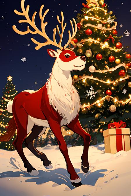 red reindeer, christmas tree and lights in the background, <lora:reindeer_papercut_color_variance:0.25>, rndr