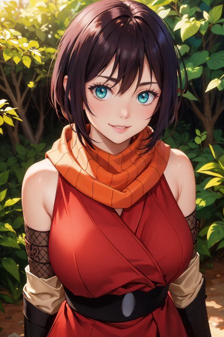 masterpiece, best quality, <lora:souka-nvwls-v1-000009:0.9> souka, orange scarf, red dress, sash, vambraces, forest, upper body, looking at viewer, huge breasts, smile, from above