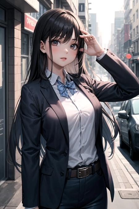 masterpiece, best quality, 1girl, long hair, blue blazer, formal shirt, belt, city street