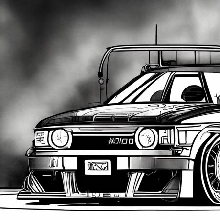 monochrome toyota chaser jzx100 drift spec bodykit, detailed work wheels, shibuya prefecture, black and white lineart