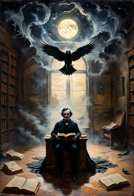 A hauntingly beautiful oil painting capturing the essence of Edgar Allan Poe's "The Raven." The canvas depicts a dimly lit room where a lone figure sits, immersed in the pages of the book, while a spectral raven looms overhead. Shadows dance across the walls, and the air is thick with a sense of foreboding. The painting evokes the eerie atmosphere of Poe's tale, with rich colors and intricate details that draw the viewer into its macabre world