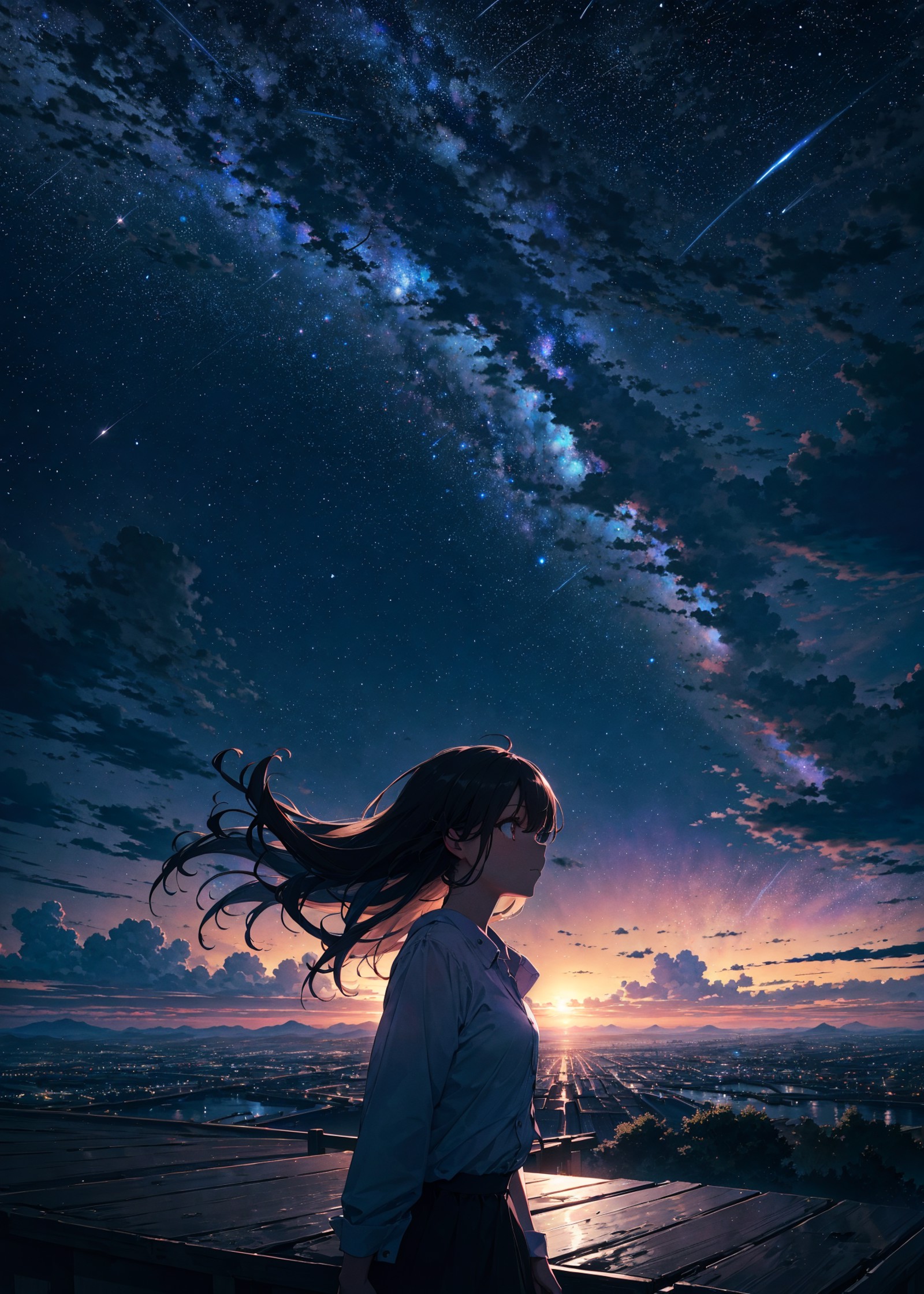 absurdres, highres, ultra detail, close view, 
1girl, shining sky, vast world, gazing, awe-inspiring expression, distant h...