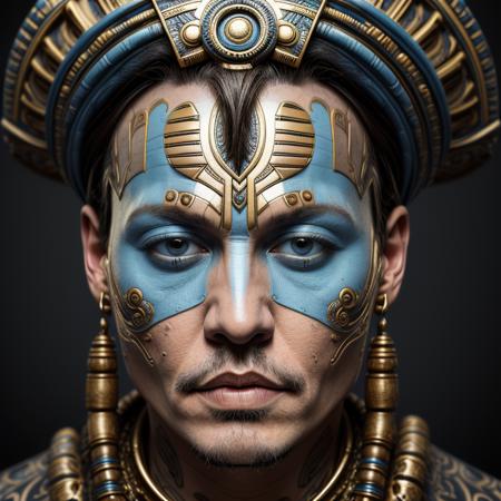 portrait of johnny depp, head, tribal, blue and gold, naki <lora:Naki:0.65>