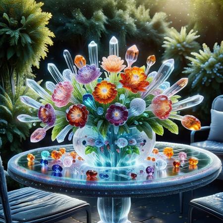 bunch of coloful flowers made of crystal on a table,garden background,sunny day,highly detailed,masterpiece,high quality,pamcrystal