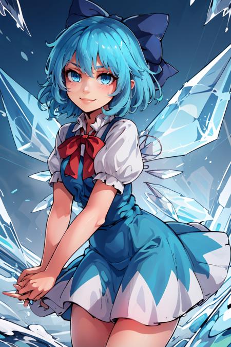  Cirno_Touhou,  1girl, cirno, solo, blue hair, bow, hair bow, short hair, blue eyes, blue bow, wings, ice, ice wings, dress, blue dress,