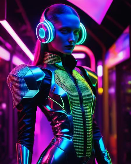 weird fashion, by Rebecca Stirm, by Jeff Garner, by Sighsten Herrgrd , fashion photography , Neon-lit , Retro future , Android troubadour , Reality glitch , Chaotic , Dimensional rift , Nanotech marvel , Cyborg symbiosis ,<lora:weird_fashion:1.0>