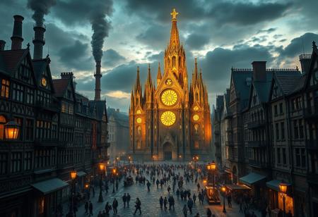 A bustling European city inspired by Victorian-era industrial architecture. Intricate ironwork, soot-covered stone facades, and towering chimneys spew smoke over the busy cobblestone streets filled with mechanized carriages and bustling crowds. At the city's heart stands a grand fantasy cathedral dedicated to the God of the Eternal Blazing Sun. Its radiant golden spires rise toward the sky, while stained glass windows depict celestial scenes, casting divine light across the square.
The cathedral’s gothic arches and sun symbols glow with an ethereal energy. The central sun disk hovers, radiating warm light, a stark contrast to the surrounding dark, soot-covered buildings. The city’s gas lamps flicker against the rough stone, while the cathedral glows with divine radiance. The mix of industrial grit and divine beauty creates a striking atmosphere as the city comes alive beneath the dramatic evening sky.
As dusk falls, the celestial aura intensifies, casting long shadows, while distant bells chime, summoning worshippers toward the golden-lit pathways of the cathedral. Ultra-realistic, 32k, Masterpiece, High Quality, with High Detailed Skin and Realistic Lighting, capturing the beautiful, intricate background in stunning detail. Official art, emphasizing epic, detailed realism.
(Ultra Realistic:1.0), 32k, (Masterpiece:1.0), (High Detailed Skin:1.0), (High Quality:1.0), (Detailed Realistic Background:1.3), (Official Art, Beautiful:1.2), (Realistic Lighting:1.0).