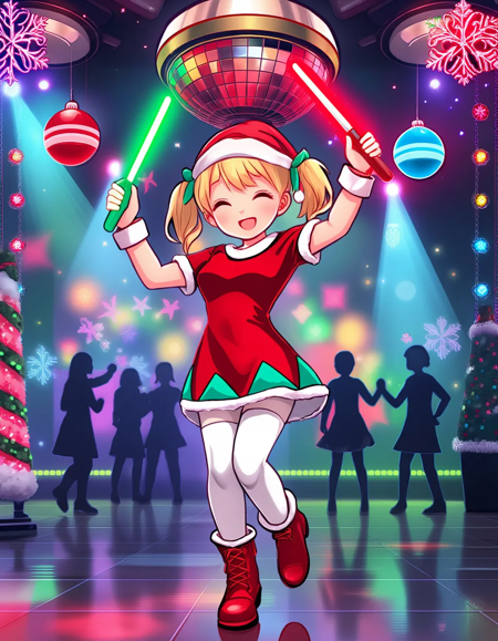 The image is an exquisitely rendered Anime Christmas scene of a  whimsical decorated christmas dance club party with colored dance lights and a sparkling chrome disco ball above.

Prominently featured in the foreground a happy young moe chibi girl with closed eyes open mouth smile. She's wearing zettai ryouiki white thighhighs, a glossy short sleeved red Santa Dress and red boots, she has blonde hair in twintails, she is smiling and holding one green glow stick and one red glow stick both above her head while dancing to hardbass, she is wearing a santa hat, her red dress has a teal triangle geometric hem trim, the there are dancing silhouettes behind her