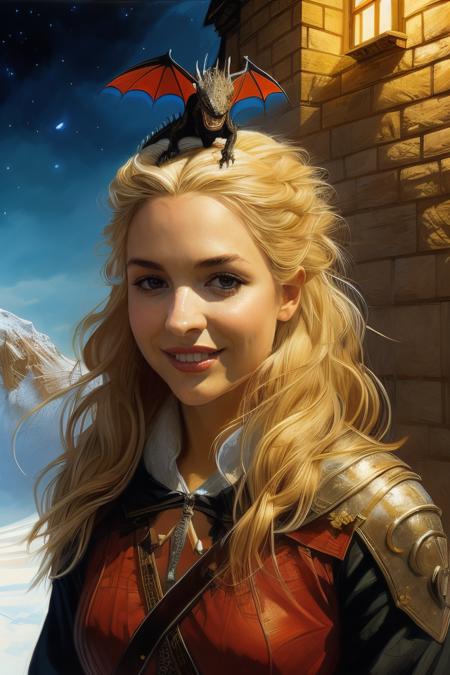 (best quality, masterpiece, high resolution:1.2),visal novel illustration,oil painting,absurdes, a cute pet dragon, resting on girl's head, (breathing fire:0.75), 1girl,blonde hair, she's <lora:GemmAtkins20byMal (1880):1> GA1 woman,(playful smirk:1.3),lipstick,Bob,detailed face,realistic skin texture, balcony, ancient gothic castle, wide night sky,Elmore_Style, DnD, Fantasy,detailed,dry brush art,brushstrokes, oil on canvas, realistic, magnificent, celestial, ethereal, painterly, magical, fantasy art, dreamy,bright lit,highly visible,inspired by J. R. R. Tolkien and Lord of the Ring style , of A Song of Ice and Fire series,(H.P. Lovecraft:0.3), vibrant,colorful,poignant atmosphere,hauntingly captivating,light particles,Anton Sokolov,scenery <lora:petdragons daeneryskhala:1> <lora:BearlySD:0.8> <lora:sokolovstyle:0.4>  <lora:Elmore_Style-000010Elmore_Style-000008dungeonsanddragons:0.8>