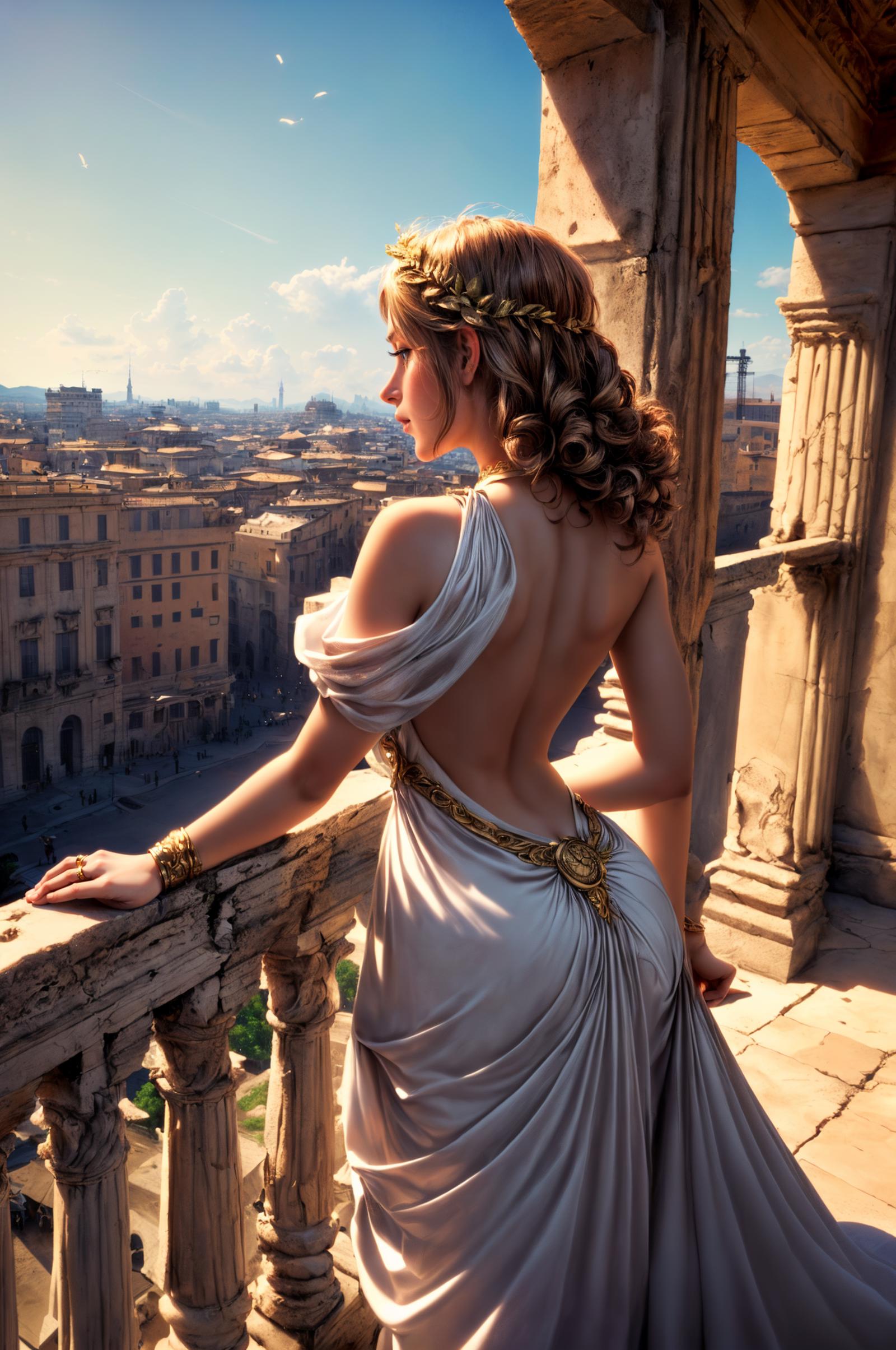 A beautiful woman in a white dress, possibly Athena, looking out over a city.