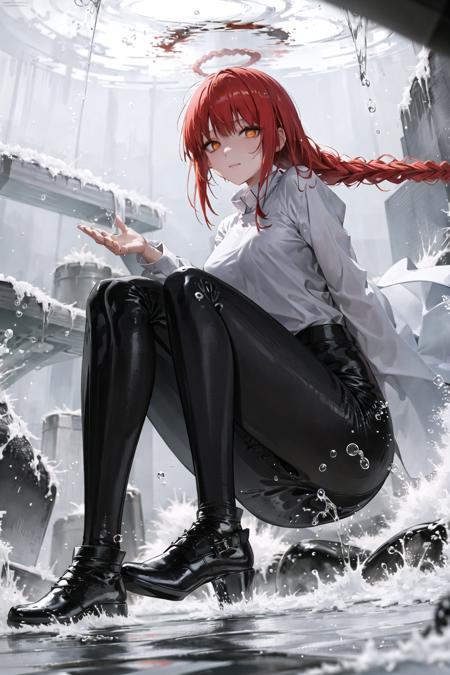 1girl, air bubble, bangs, black pants, blurry, blurry background, blurry foreground, braid, braided ponytail, breasts, bubble, depth of field, halo, long hair, long sleeves, looking at viewer, makima \(chainsaw man\), medium breasts, motion blur, pants, red hair, ringed eyes, shirt, snow, snowing, solo, splashing, underwater, water, water drop <lora:makimav1:0.6>