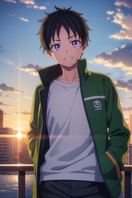 akiratendou, <lora:akira tendou s1-lora-nochekaiser:1>,
akira tendou, short hair, black hair, male focus, wide-eyed, (purple eyes:1.1), smile, grin,
BREAK shirt, jacket, white shirt, open clothes, pants, open jacket, black pants, green jacket,
BREAK outdoors, city, sun, sky, clouds,
BREAK looking at viewer, (cowboy shot:1.5),
BREAK <lyco:GoodHands-beta2:1>, (masterpiece:1.2), best quality, high resolution, unity 8k wallpaper, (illustration:0.8), (beautiful detailed eyes:1.6), extremely detailed face, perfect lighting, extremely detailed CG, (perfect hands, perfect anatomy),