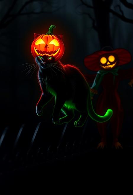 Spirit glowing cat walking on top of a fence, glowing pumpkin on its head, green light on its tail, scarecrow with glowing eyes in the background, gloomy atmosphere, night, Halloween