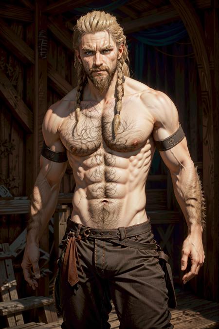 EivorMAssa, male focus, beard, 1boy, facial hair, solo, braid, chest hair, realistic, topless male, pants, blonde hair, mustache, pectorals, navel, long hair, muscular, arm hair
masterpiece, best quality,
<lora:epi_noiseoffset2:1>,   <lora:EivorMAssa:0.7>