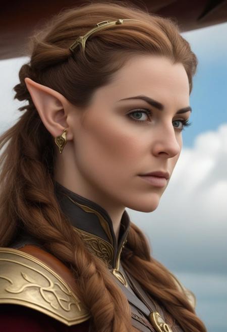 "Close-up portrait of an elegant Elven airship captain, her pointed ears adorned with brass earpieces. Wind-tousled hair frames her determined expression as she gazes off-camera. The brass and wood of the ship's helm is visible in the lower third of the image, with clouds and distant airships out of focus behind her."