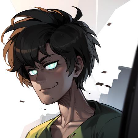 ((masterpiece, best quality)),(complex light), 1boy, solo, shaggy rogers, male ,muscular , torn shirt, glowing eyes ,debris background ,<lora:shaggy1-10:0.6>, simple background,