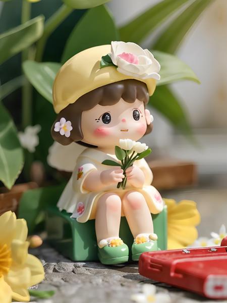 blindbox, 1girl, solo,  sitting, flower, blurry background, blush stickers, holding flower, shoes, 
<lora:cute_blindbox_v1:0.7>