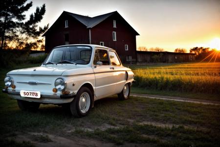 ZAZ968, parked in front of an abandoned red barn near a sprawling corn field, masterpiece, award winning, hyper realistic, natural lighting, sunset:1.0, muted colors, sharp focus, smooth, intricate details, 8k wallpaper, trending on artstation
<lora:ZAZ968:.8>