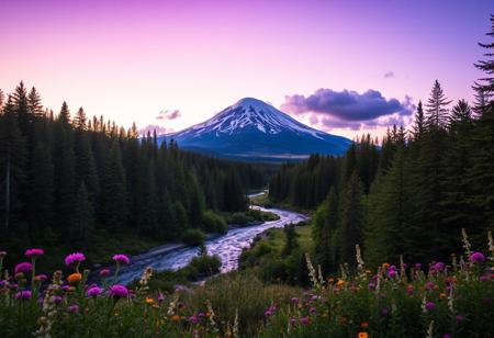 looking up a winding river in a lush forest with wildflowers in the foreground and a snow tipped mountain in the background with fluffy clouds in purple at sunset