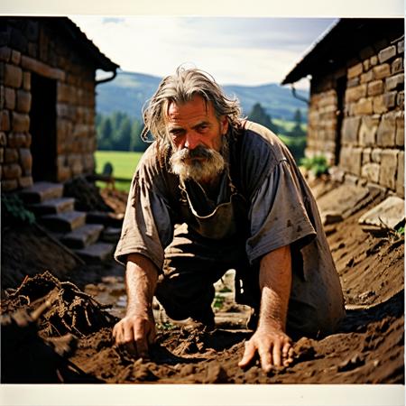 a old medieval farmer digging in the dirt, 1boy, grey hair, mustache,
analogue photography, natural light,